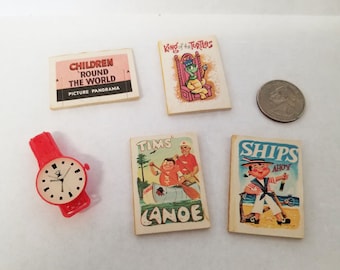 Cracker Jack Prizes 1960s King of Turtles, Crazy 8 game, Children of World Panorama, Flicker Tilt Watch, Tim's Canoe, Ships Ahoy