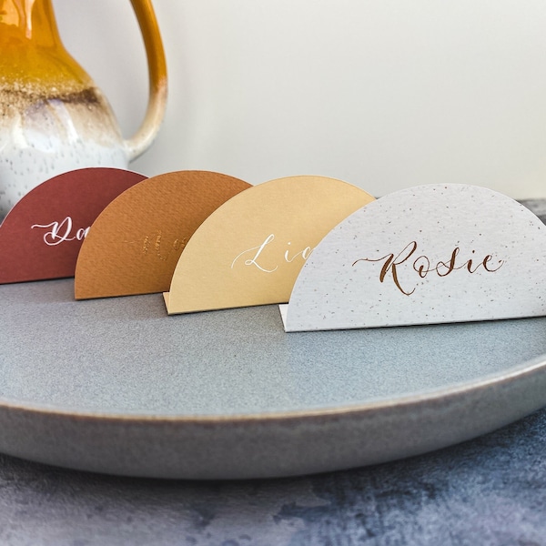 autumnal shades - boho arch shaped wedding and event place cards with calligraphy names | place setting table stationery