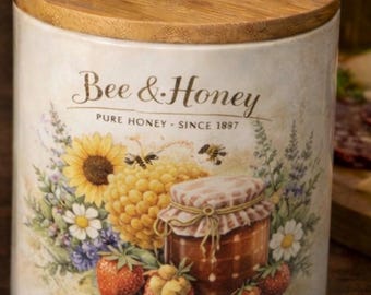 Honey Bee Ceramic Canister Set | Farmhouse Kitchen Decor with Bamboo Lids
