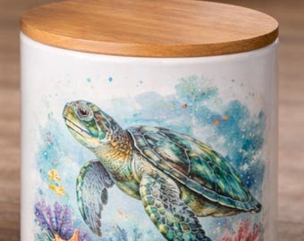 Watercolor Sea Turtle Ceramic Canister Set, Coastal Kitchen Decor, Bamboo Lids