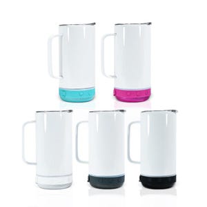 May include: White insulated mugs with handles and colored bases. The bases are in various colors, including teal, pink, gray, dark gray, and black. The mugs have a silver rim and a handle on the side.