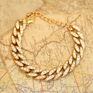 7 inch, Vintage Stylish Curb Links Colorless Rhinestones Gold Tone Chain Bracelet i30