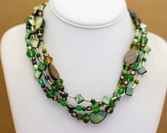 18 pouces, collier multirang complexe de perles vertes de jade vintage - I34