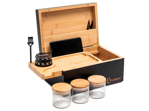 GENESIS Large Stash Box With Lock 100% Bamboo Sliding Rolling Tray W/brush  3 Airtight Containers Herb Grinder Gift Idea Stashbox 