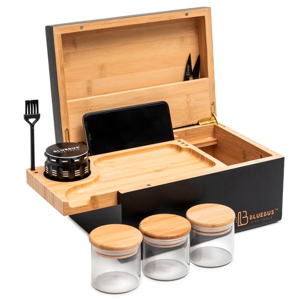 GENESIS Large Stash Box with Lock 100% Bamboo - Sliding Rolling Tray w/Brush - 3 Airtight Containers - Herb Grinder - Gift Idea Stashbox