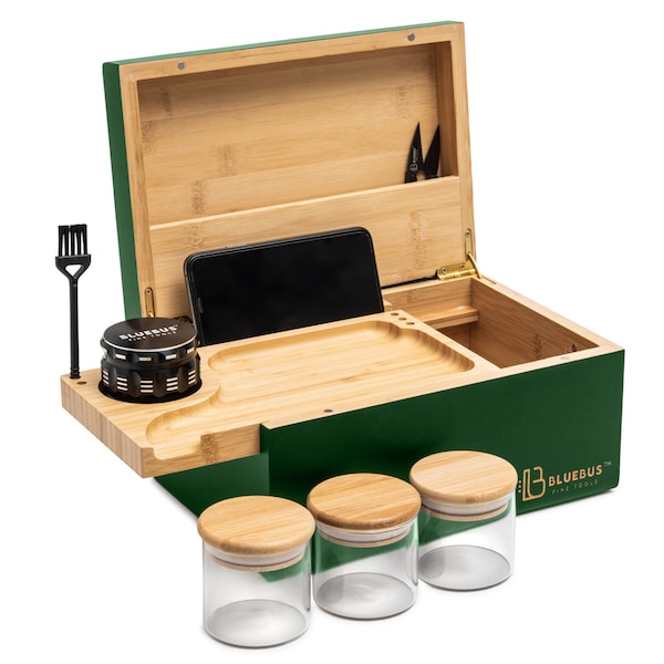 GENESIS Large Bamboo Stash Box with Lock, Sliding Rolling Tray, Brush, 3 Airtight Stash Jars, Grinder - Stashbox Gift Idea Set