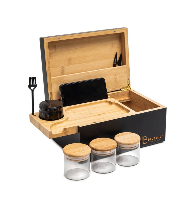 GENESIS Large Stash Box 100% Bamboo - Sliding Rolling Tray w/Brush - 3 Airtight Containers - Herb Grinder - 420 Gift Idea 