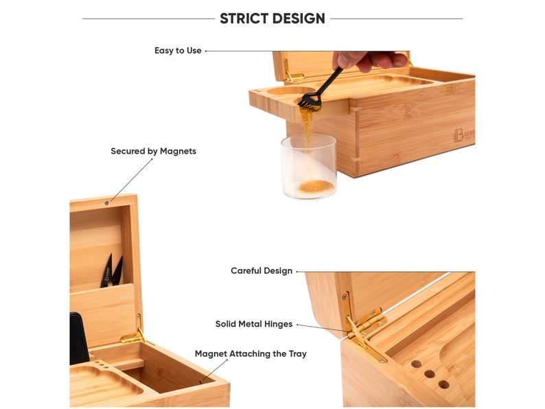 GENESIS Large Bamboo Stash Box with Lock, Sliding Rolling Tray, Brush, 3 Airtight Stash Jars, Grinder Stashbox Gift Idea Set image 2
