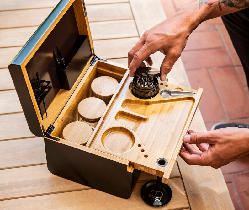 Stash Box Discovery Premium Bamboo Storage Chest with Movable Tray - Lockable Organizer - Luxury Gift Set & Herbal Supply Kit 