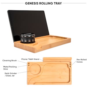 GENESIS Large Bamboo Stash Box with Lock, Sliding Rolling Tray, Brush, 3 Airtight Stash Jars, Grinder Stashbox Gift Idea Set image 3