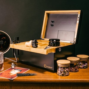 Discovery Bamboo Stash Box with Movable Rolling Tray, Jars, Lockable Keepsake Box, Luxury Gift Set