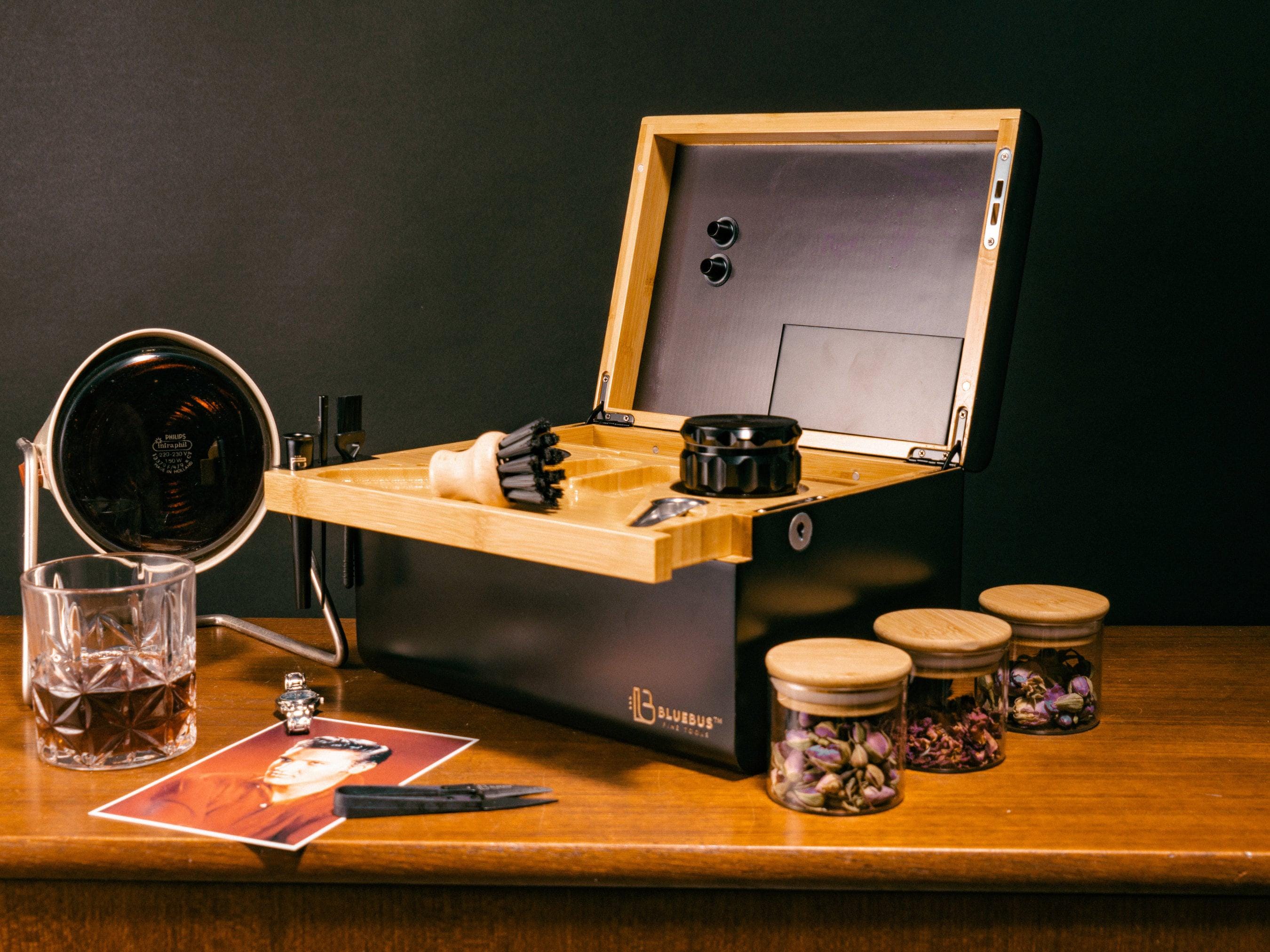 Discovery Bamboo Stash Box With Movable Rolling Tray, Jars