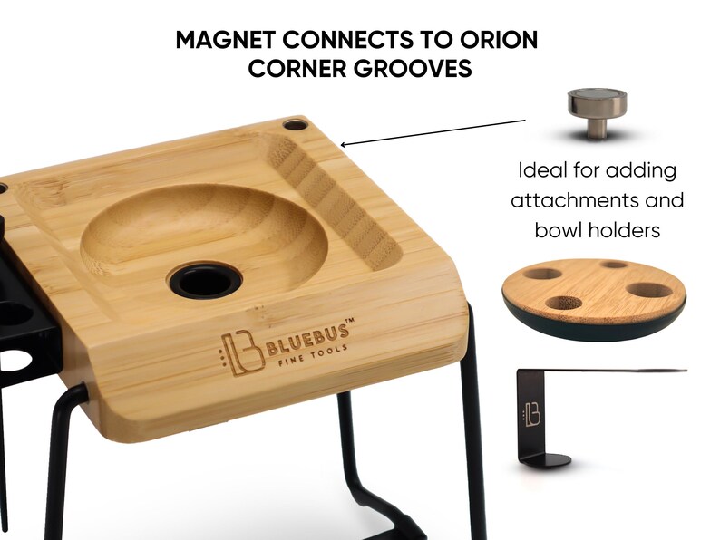 Puede incluir: Un soporte de madera con una depresi&oacute;n redonda y un marco de metal negro. El soporte tiene una ranura en el lateral para sujetar un im&aacute;n. El texto "BLUEBUS FINE TOOLS" est&aacute; impreso en el soporte.