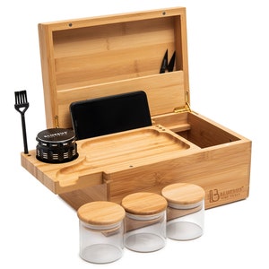 GENESIS Natural Large Bamboo Stash Box with Lock, Sliding Rolling Tray, Brush, 3 Airtight Stash Jars, Grinder - Stashbox Gift Idea Set