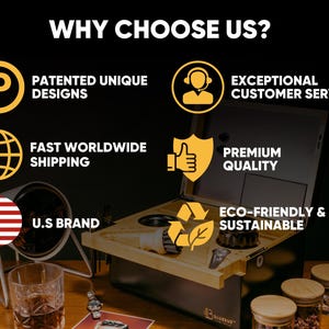 Puede incluir: Una caja de madera negra con un cierre de metal dorado y una bandeja de madera con seis compartimentos. La caja est&aacute; etiquetada como "Bluelab" y tiene un s&iacute;mbolo de reciclaje en la tapa. La caja est&aacute; rodeada de iconos amarillos con texto que describe las caracter&iacute;sticas del producto, incluyendo "Dise&ntilde;os &uacute;nicos patentados", "Env&iacute;o r&aacute;pido a todo el mundo", "Calidad superior", "Respetuoso con el medio ambiente y sostenible", "Servicio al cliente excepcional" y "Marca estadounidense".