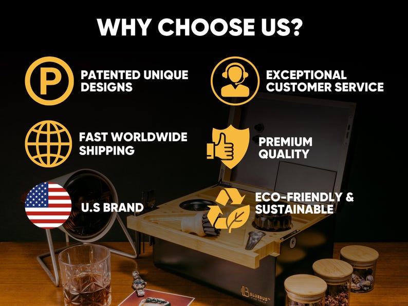 Puede incluir: Una caja de madera negra con un cierre de metal dorado y una bandeja de madera con seis compartimentos. La caja est&aacute; etiquetada como "Bluelab" y tiene un s&iacute;mbolo de reciclaje en la tapa. La caja est&aacute; rodeada de iconos amarillos con texto que describe las caracter&iacute;sticas del producto, incluyendo "Dise&ntilde;os &uacute;nicos patentados", "Env&iacute;o r&aacute;pido a todo el mundo", "Calidad superior", "Respetuoso con el medio ambiente y sostenible", "Servicio al cliente excepcional" y "Marca estadounidense".