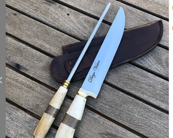 KIT  chaira + faca 9 polegadas com cabo em resina mesclada e detalhe em madeira BR