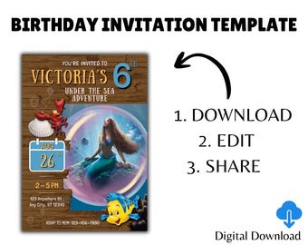 Mermaid Birthday Invitation | Editable Canva Template | Under the Sea Party Invite | Digital Download Printable