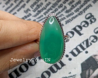 Natural Green Onyx Ring, Handmade Ring, Gift for Her, 925 Sterling Silver Plated Ring, Pear Onyx Ring, May Birthstone, Promise Ring, Gift