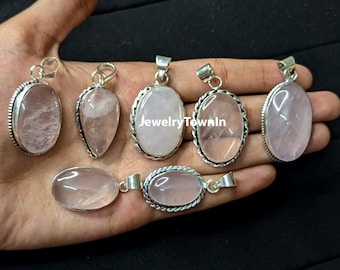 Natural Rose Quartz Gemstone Pendant Lot, 925 Sterling Silver Plated Pendant, Wholesale Pendant, Designer Pendant For Women, Gift For Her