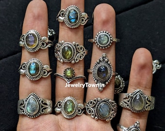 Natural Labradorite Ring, Gemstone Ring, 925 Sterling Silver Plated Rings, Wholesale lot, Mix Shape Ring, Multi Fire Labradorite Rings, Gift