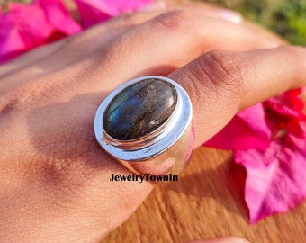 Bague en labradorite naturelle, bague en plaqué argent sterling 925, bague pour homme, bague faite main, bague tendance, cadeau d'anniversaire, cadeau pour lui