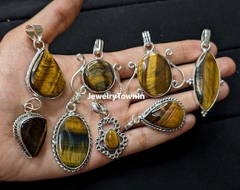 Natural Tiger Eye Pendant Lot, 925 Sterling Silver Plated Pendant, Tiger Eye Jewelry, Wholesale Lot, Handmade Jewelry For Women, Gypsy Gift
