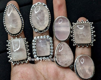 Natural Rose Quartz Gemstone Ring Lot, 925 Sterling Silver Plated Rings, Wholesale Jewelry, Designer Rings, Variety Rings, Gift For Women