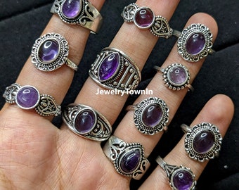 Natural Amethyst Gemstone Rings Lot, Crystal Rings, Handmade Bulk Rings, 925 Sterling Silver Plated Rings, Bulk Jewelry, Christmas Gifts