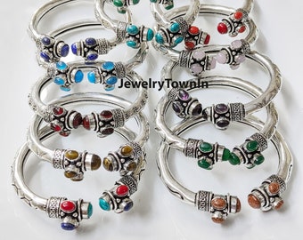 Assorted Gemstone Bangle Bracelet, Handmade Bracelet, Healing Gemstone Bangle, Vintage Look Bangle, 925 Silver Plated Bracelets, Gift