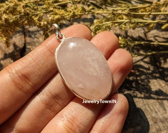 Rose Quartz Pendant Necklace, 925 Sterling Silver Plated Pendant, Pink Stone Jewelry, Gemstone Pendant, Handmade Pendant, Wedding Jewelry