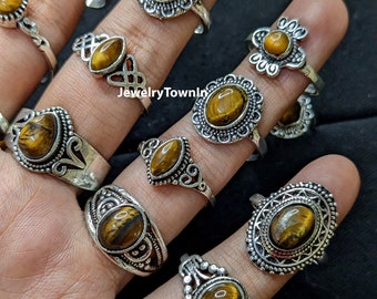 Natural Tiger Eye Gemstone Ring, 925 Sterling Silver Plated Rings, Wholesale lot, Chunky Rings, Vintage Jewelry, Bulk Jewelry, Boho Rings