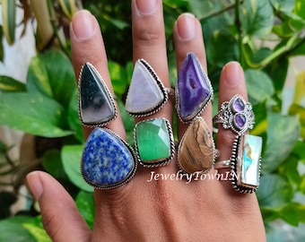 Lot de bagues, bagues en pierres précieuses naturelles et mélangées, bagues hippie, bague de bijoux fait main, bagues vintage, bagues en vrac, grosses bagues vintage pour femme