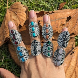 Mixed Gemstone 3-Stone Ring Lot: Handmade Brass Statement Rings