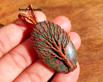 Tree Of Life Copper Ruby Zoisite Pendant, Copper Wire Wrapped Pendant, Handmade Jewelry, Helpful In Relieving Stress And Anxiety, Boho Gift