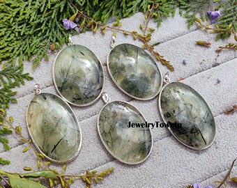 Bezel Pendant Lot, Natural Prehnite Gemstone Bezel Pendants, Silver Plated Pendants, Wholesale Jewelry Lot, Boho Women Jewelry, Gift Pendant