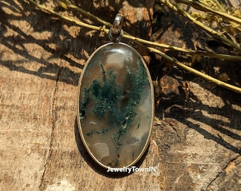 Natural Moss Agate Gemstone Pendant, 925 Sterling Silver Plated Pendant, Green Moss Agate, Nature Inspired Pendant, Druzy Pendant, Gifts