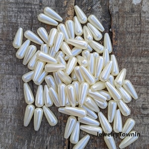 5 White Teardrop Pearl Beads: Long Faux Pearl Drops