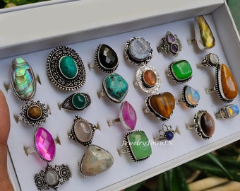 Multi gemstone minimalist ring lot, 925 sterling silver plated wholesale bulk rings, vinatge look rings, stone ring, Mystery Pack of Rings