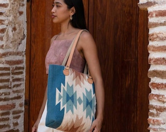 Southwestern Handwoven Wool Boho Tote, Blue Aspen Saddle Blanket Bag