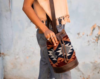 Leather Western Crossbody Bucket Purse, Red & Blue Cinched Bucket Bag