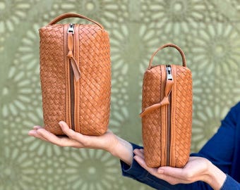 Handwoven Leather Makeup Bag, Handmade Accessories Bag
