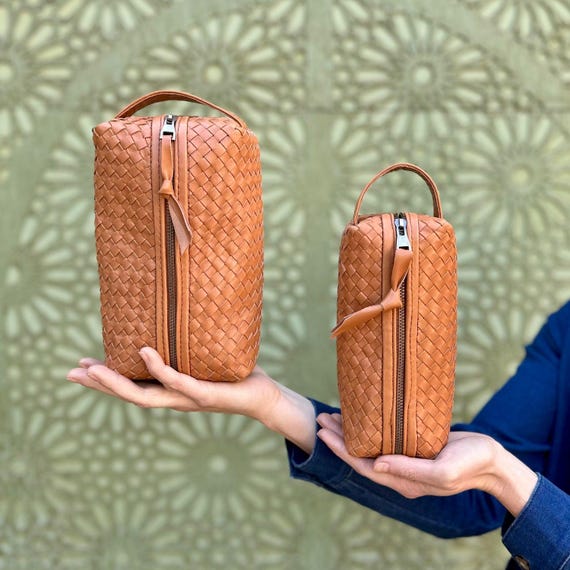 Handwoven Leather Makeup Bag, Handmade Accessories Bag