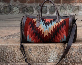 Handwoven Zapotec Wool Weekender Bag, Southwest Travel Duffel, Carry On Overnight Bag
