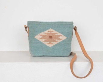 Zapotec Crossbody Bag, Light Blue Wool Purse, Southwest Artisan Bag
