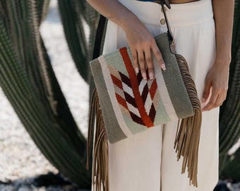 Handwoven Zapotec Wool Crossbody Bag, Sage Rust Cream Arrow Motif, Leather Fringe Shoulder Purse