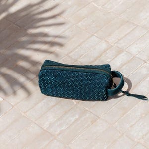 Teal Suede Woven Leather Makeup Bag, Artisan Travel Pouch