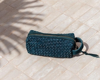 Teal Suede Woven Leather Makeup Bag, Artisan Travel Pouch