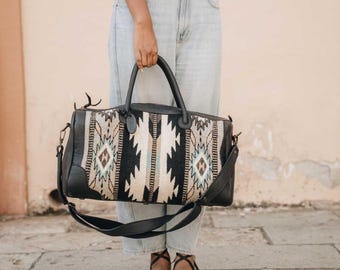 Handwoven Zapotec Wool Weekender Bag, Gray Black Southwest Duffel, Carry On Travel Bag