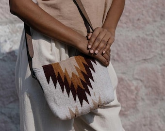 Zapotec Wool Crossbody Bag, Southwest Purse Lightning Motif, Artisan Leather Bag